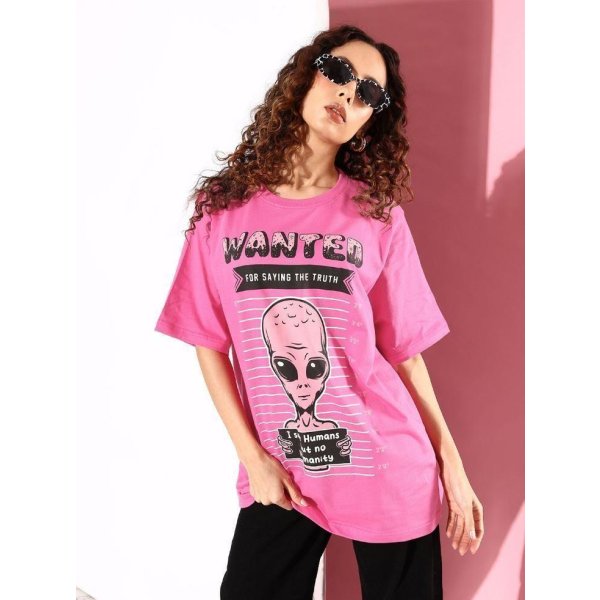 Cotton Fuchsia Graphic Oversized T-Shirt