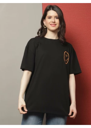 For Womens PRINTED BLACK OVERSIZE TSHIRT