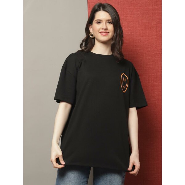 For Womens PRINTED BLACK OVERSIZE TSHIRT