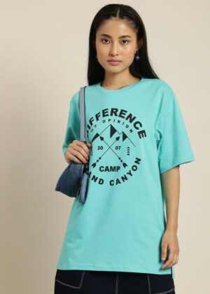 Teal Cotton Typographic Oversized T-Shirt