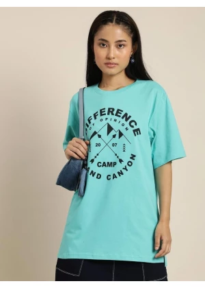 Teal Cotton Typographic Oversized T-Shirt