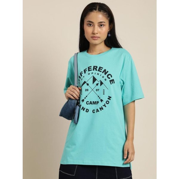 Teal Cotton Typographic Oversized T-Shirt