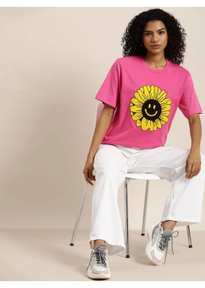 Women's Pink Graphic Oversized T-Shirt