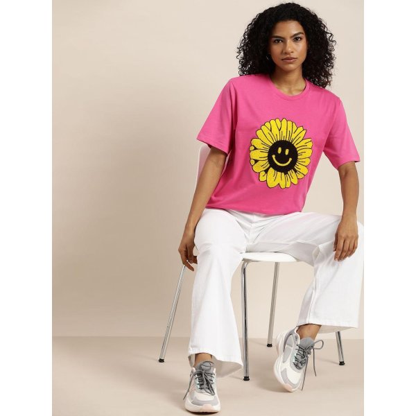 Women's Pink Graphic Oversized T-Shirt