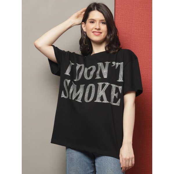 Women PRINTED BLACK OVERSIZE TSHIRT