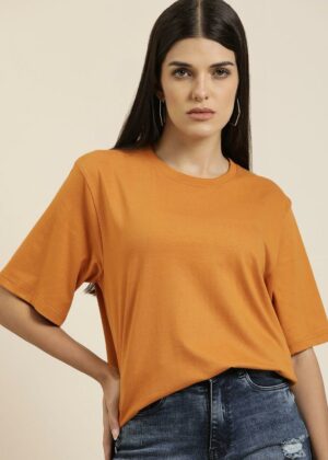 Cotton Brown Solid Oversized T-Shirt