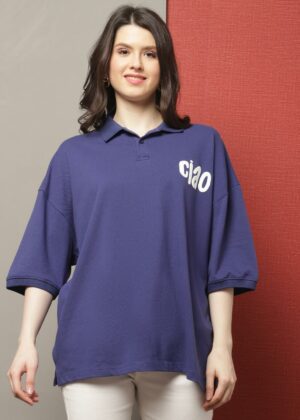 PRINTED NAVY COLOR OVERSIZE FIT POLO TSHIRT
