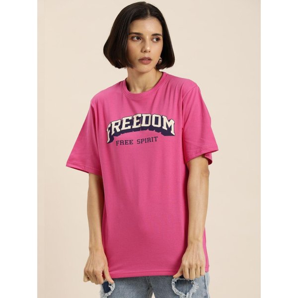 Women's Pink Typography Oversized T-Shirt