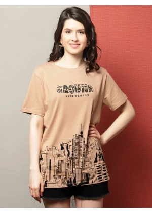 Womens PRINTED BROWN REGULAR TSHIRT