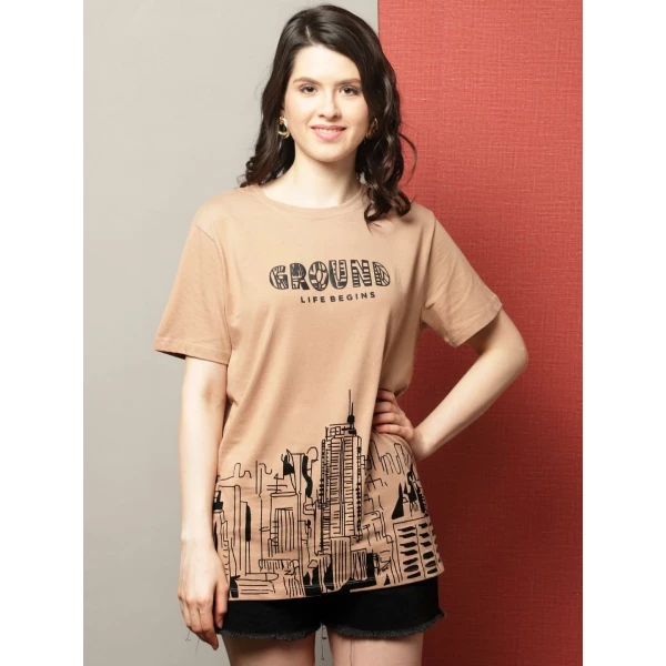 Womens PRINTED BROWN REGULAR TSHIRT